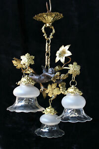 Magnifique lampe lustre vintage bronze métal putti cristal chérubin verre 