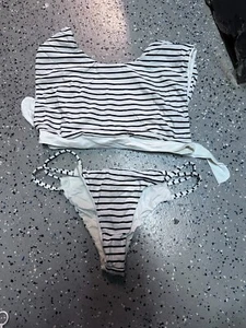 blue life Short Sleeved bikini white with black stripes Size Small - Picture 1 of 5