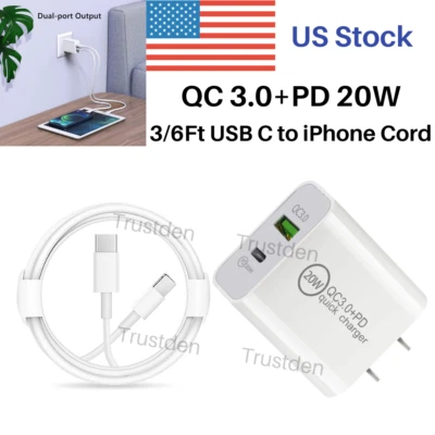 Cargador de pared rápido 20W QC 3.0 USB C adaptador de corriente cable PD para iPhone 13 12 11 XR Foto 1 de 4