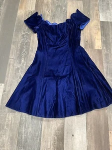 ROBERTA 11/12 Royal Blue Velvet Green Dress Vintage 80’s Off Shoulder Scalloped - Picture 1 of 11