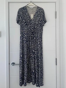 DEBENHAMS Jersey Midi Dress SIZE 14 NAVY & CREAM Draped Front Fit & Flare - Picture 1 of 9