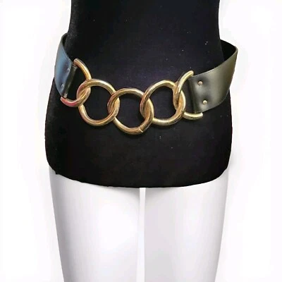 Vtg Black Leather Gold Tone Metal Circle Link Cummerbund Style Belt Punk M/L - Image 1 of 4
