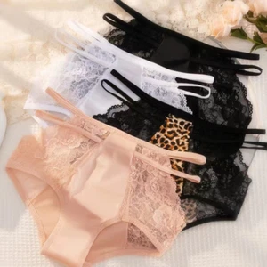 Women Sexy Panties Lace Patchwork See Through High Waist Briefs Leopard Print - Picture 1 of 16