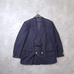 Aquascutum Blazer Men's 44" Navy Blue Wool Double Breasted Peak Lapel Jacket - Picture 1 of 11