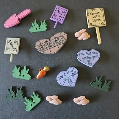 Lot Of 16 GARDEN BUTTONS Rabbits, Signs, Grass, Plastic Wood Crafts Novelty - Image 1 of 3