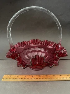FENTON PINK CRANBERRY GLASS CRIMPED EDGE BRIDE BASKET WITH APPLIED HANDLE VTG - Picture 1 of 7
