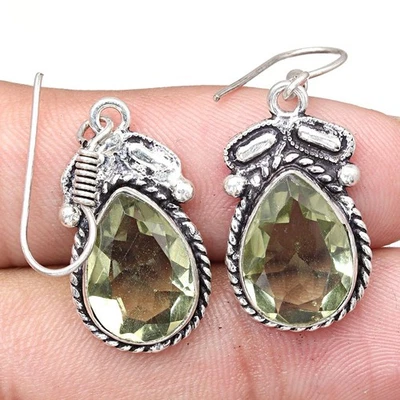 Green Amethyst Gemstone Handmade Gift For Her Silver Jewelry Earrings 1.5" - Image 1 of 4