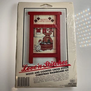 Vtg Love'n Stitches Teddy Bear & Goose Wood Counted Cross Stitch Christmas Kit - Picture 1 of 4