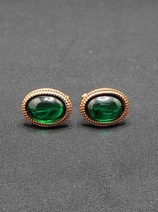 Vintage Gold Plate Green Cabochon Oval Cufflinks Suit Sleeve Studs  - Picture 1 of 8