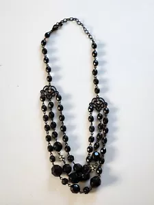 Black Robert Rose 3 Strand Faceted Bead Rhinestone Accent Necklace Steampunk - Picture 1 of 5