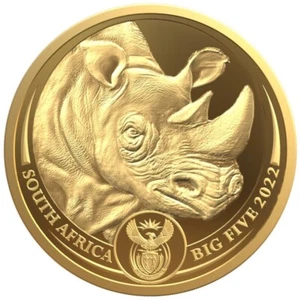 1 oz 50 Rand Südafrika Goldmünze Big Five II. - Nashorn 2022 PP Zertifikat,Box - Picture 1 of 4