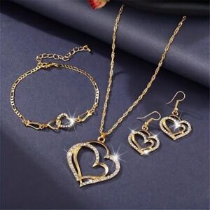 Shiny Love Heart Set Pendant Necklace Earrings Chain Bracelet Inlaid Zircon 4PCS