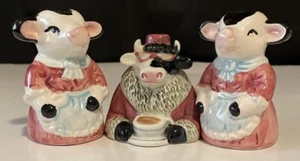 Vintage Cow Salt And Pepper Shakers Set Of 3 Aprons Coffee Sunglasses W/Stoppers - Picture 1 of 12