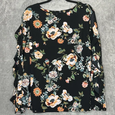 Camisa Top Ava & Viv 2X Negra Floral Manga Larga Volantes Cuello Redondo Botón Espalda Foto 1 de 4