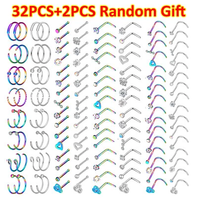 2-32PCS Surgical Steel Nose Rings Hoop Studs Cartilage Earring Body Piercing 20G - Image 1 of 4