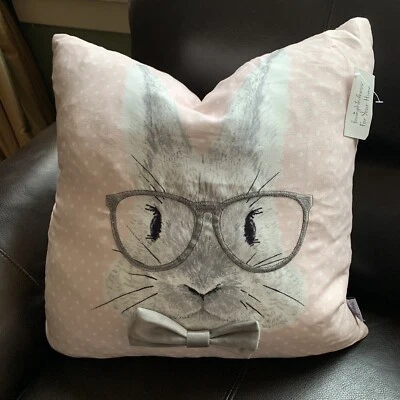 Pink LovingKindness Feather Filled Pillow. Bunny Rabbit Embroidery Easter 20x20 - Image 1 of 4