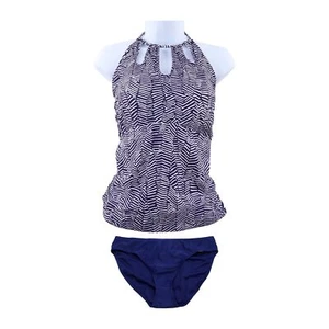 Island Escape Mikonos Beach High Neck Tankini Swimsuit 2pc Set, Navy / White, 16 - Picture 1 of 4