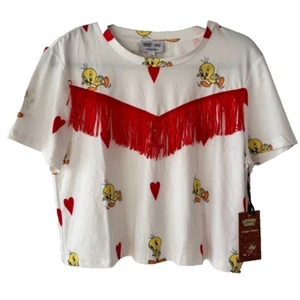 Looney Tunes Tweety Bird Graphic Tee Red Fringe Cropped Top XS/S - Picture 1 of 7