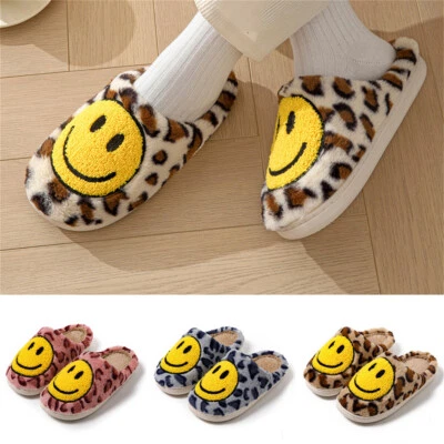 MARKENLOS Damen Smiley Hausschuhe Schlappen Plüsch Pantoffeln Smile Face Gesicht Slipper
