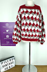 70s Hand-knitted Sz 14/16 Red White Brown Check Relaxed Knitted Jumper Slouchy
