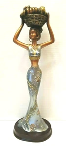 Beautiful Woman Holding Basket w/Fruit on Head Resin 12" Sculpture Very Pretty - Picture 1 of 12