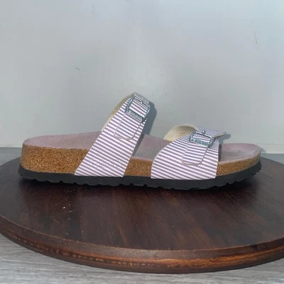 Sandalias Birkenstock Birki's Sydney a rayas púrpura blanco con dos correas hebilla para mujer 6 Foto 1 de 4