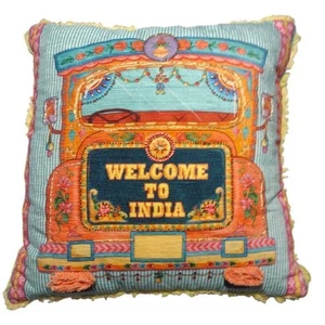 Colorful Boho Throw Pillow Welcome To India Cotton Square 20" Bohemian Beaded - Picture 1 of 12