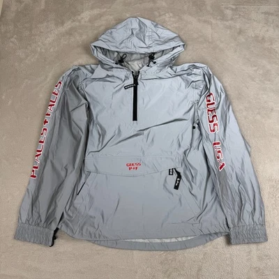 Guess Places Faces Anorak Jacket Mens M Gray Preowned Hooded Quarter Zip Outdoor - Image 1 of 4