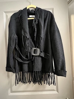 Chaqueta con cinturón de lana hervida con flecos negra suroeste M vintage La Seine para mujer Foto 1 de 4