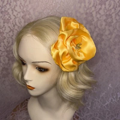 Ooak Taissa Lada Yellow Satin Flower Hair Clip With Vintage Black Glass Beads - Image 1 of 4