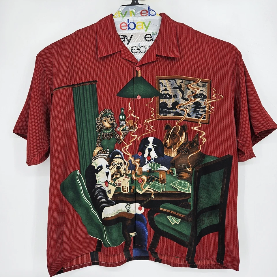 Camisa De Colección Big Dogs Para Hombres 3X Perros Jugando al Poker Retro Fiesta Abotonada Doble Cara Foto 1 de 4
