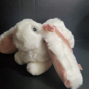 Lop Ear White Plush Easter Bunny Rabbit 10" Long Soft Realistic Life Size W/Bow - Picture 1 of 9