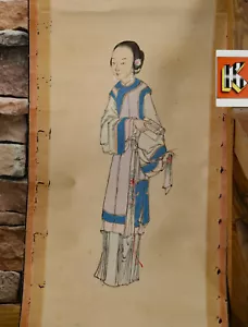 Asiatika Rollbild sehr alt antik Portrait Frau Aquarell China scroll painting 1 - Bild 1 von 4