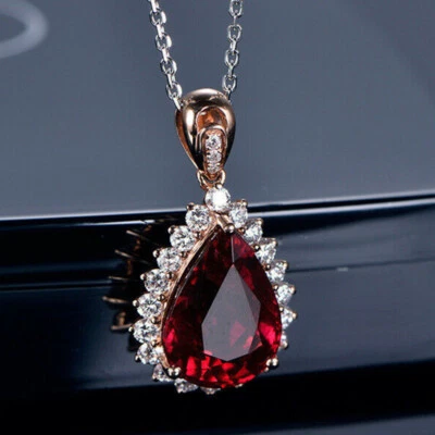 Pingente de colar feminino estilo Teradrop joia feminina granada vermelha pedra preciosa ouro rosa - Imagem 1 de 4