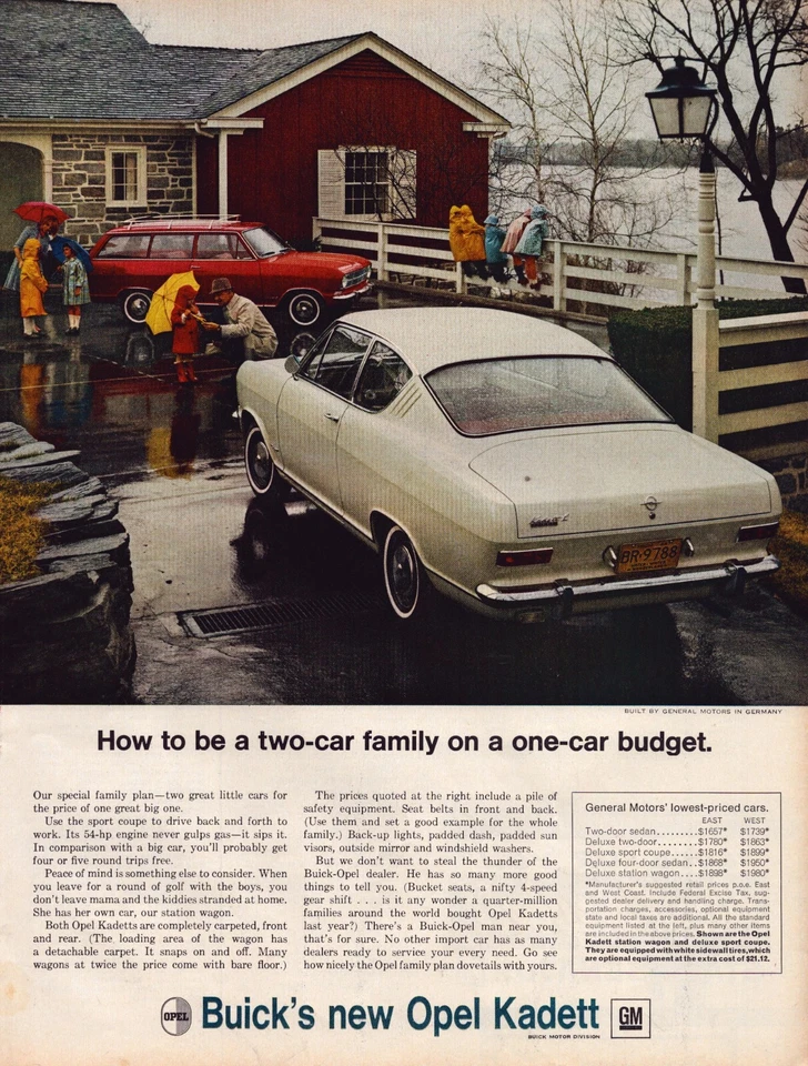 1966 Buick Opel Kadett Print Ad German Made Car Rain Jacket Umbrella Boots Lake - Image 1 of 1