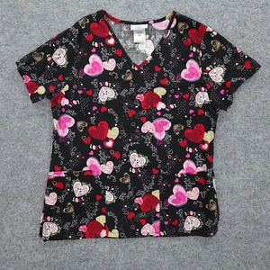 SB Scrubs Top Womens Small Hearts Valentine Love Black Pockets Nurse Vet Groomer - Picture 1 of 14