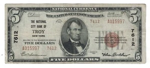 ** 1929 $5 FIVE DOLLARS NATIONAL BANK OF TROY NEW YORK T2 CH# 7612 ** - Picture 1 of 2