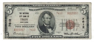 ** 1929 $5 FIVE DOLLARS NATIONAL BANK OF TROY NEW YORK T2 CH# 7612 ** - Image 1 of 2