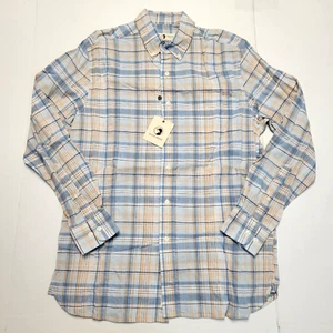 $108 New DUCK HEAD Button Shirt Men MEDIUM M Plaid KINSTON Blue Tan LINEN Cotton - Picture 1 of 7