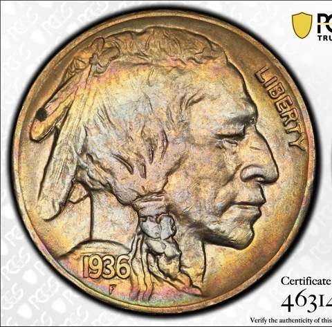 1936-S Buffalo Nickel 5c - PCGS AU55 - Rainbow Toned Obverse Cover