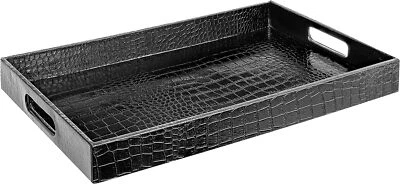 Modern Black Faux Leather Decorative Serving Tray With Handles 17.5 X 11.8 - Image 1 of 4
