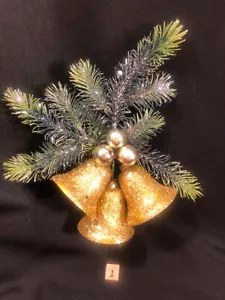 Vintage Christmas~ Kitschy Gold Glittered Bells & Pine~ Plastic Hanging Decor #1 - Picture 1 of 6