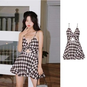 Women Two Piece Plaids Suspender Swim Dress Slim Swimsuit - Picture 1 of 13