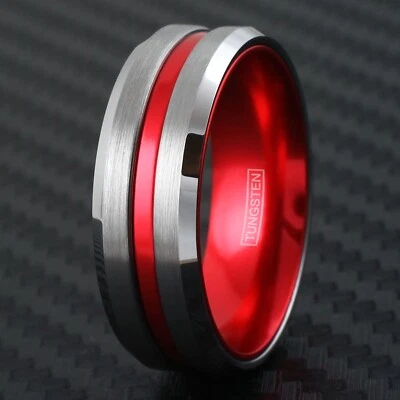 Alianza de boda cepillada línea roja delgada de tungsteno de 8 mm azul plateado o negro Foto 1 de 2