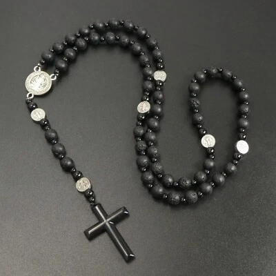 St Benedict 熔岩石黑色玛瑙十字架念珠项链男士女士礼物 — 第 1/4 张图片