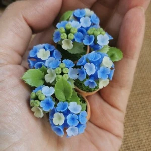 Set of 4 Blue Color Hydrangea In Pots Miniature Dollhouse Plants in Pots Decor - Picture 1 of 7