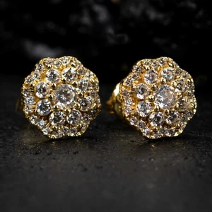 Iced 5A CZ Yellow Gold Sterling Silver Flower Cluster Hip Hop Stud Earrings - Picture 1 of 5