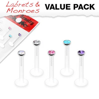 5 Pc Press Fit CZ Bioflex Push In Stud Lip Labret Monroe Piercing 16g 5/16" - Image 1 of 4