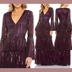 NWT Mac Duggal [ 16 ] 5442 Embellished Bell Sleeves Tiered Gown Blackberry #J235 - Picture 1 of 15