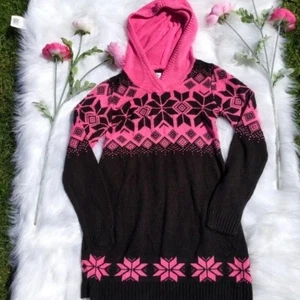 Justice Long Sweater Dress Junior 14 Pink Black Snowflake Hood Knit Winter - Picture 1 of 8